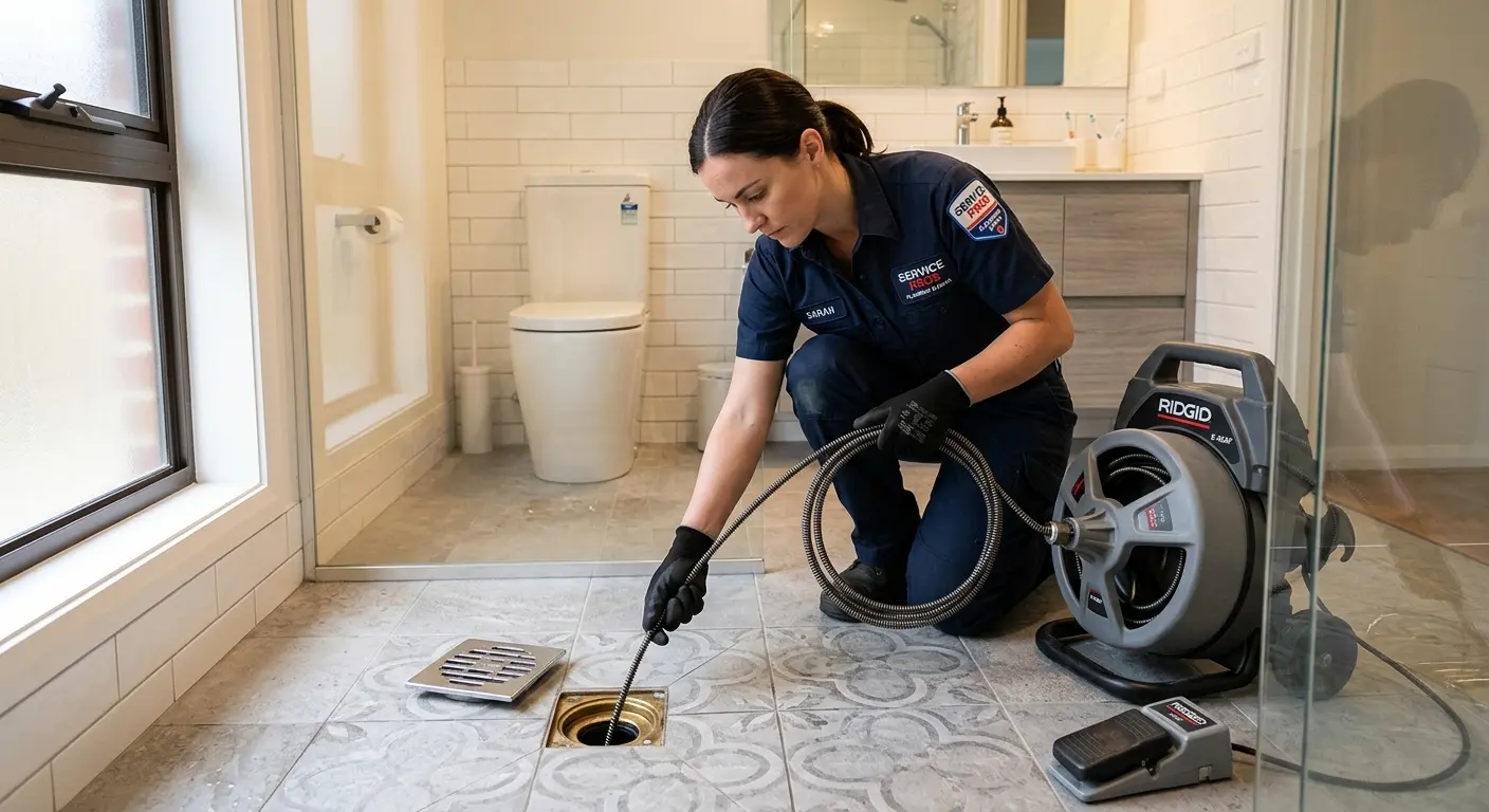 Technician clearing a bathroom floor drain for Sewer Line Replacement in Poinciana